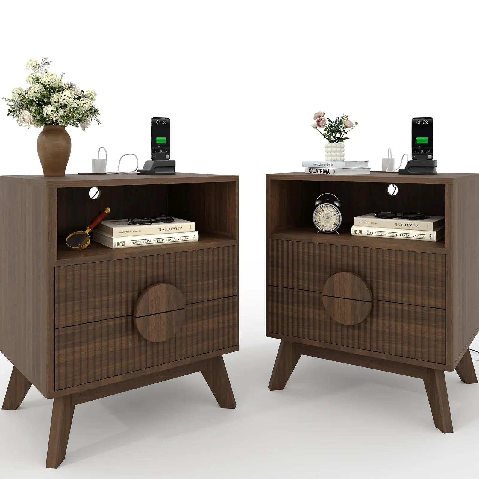 Modern Walnut Fluted Bedside Table Set of 2 – Wood Bedside Table with USB Charging Station – 2 Drawers & Open Storage Shelf – End Table for Bedroom/Living Room/Home Office summerwins