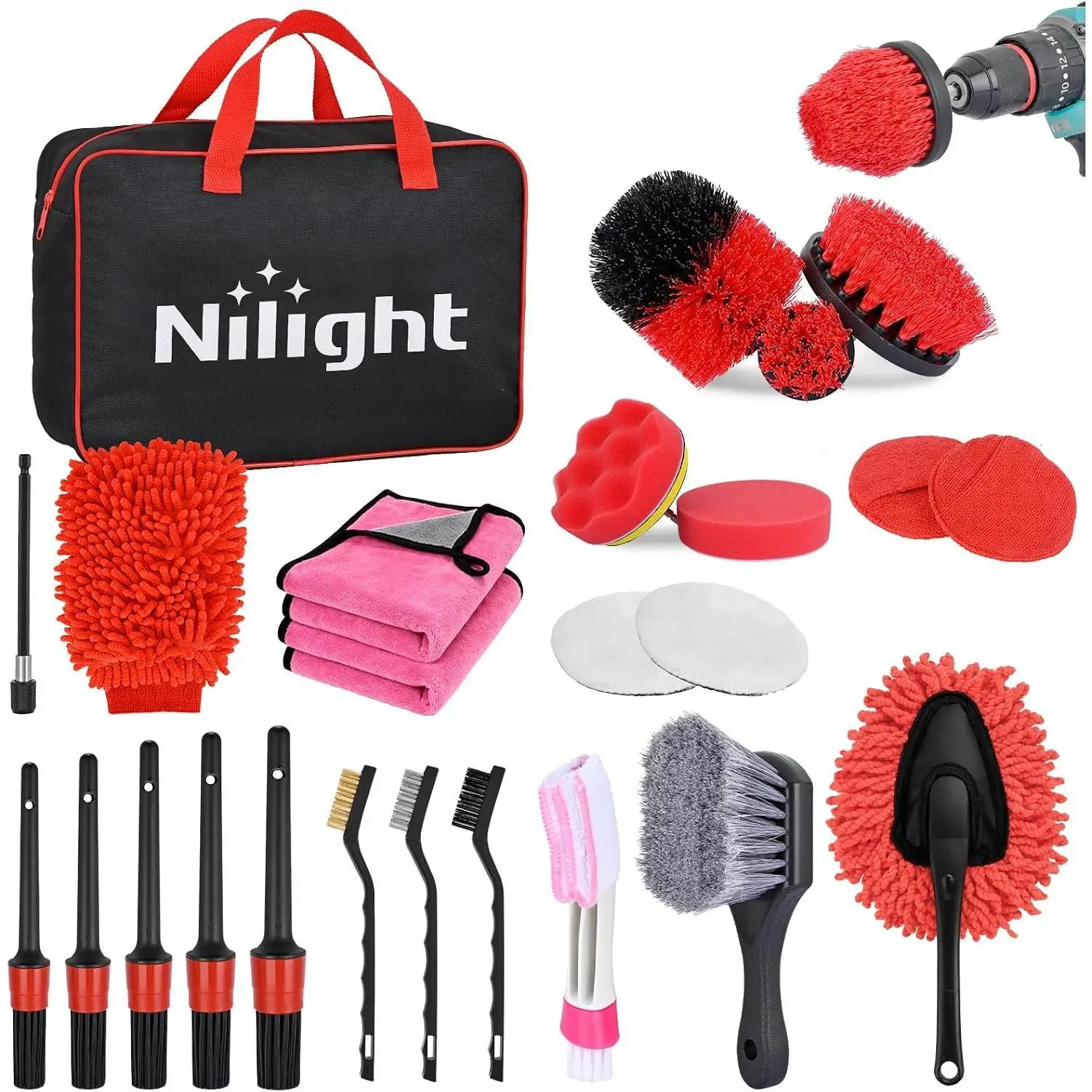Nilight 27PCS Car Detailing Kit Auto Cleaning Tools Wash Set with Storage Carry Bag Home Use for Interior Exterior Deep Clean Polish Car Care Windshield Dashboard Seat Air Vents Wheels Tires, Red