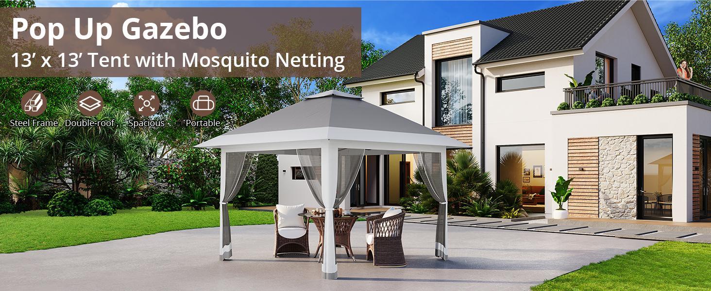 13x13FT Pop Up Gazebo, Outdoor Canopy Tent with Mosquito Netting, Pop Up Canopy with Double Roof Design & Adjustable Height, UV-Resistant Patio Gazebo Sunshade for Graden/Backyard/Lawn/Beach (Gray)