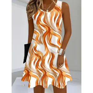 New Orange-White Wave Pattern Sleeveless Dress for Women, Artistic Print, Versatile for Commuting, Shopping and Dating