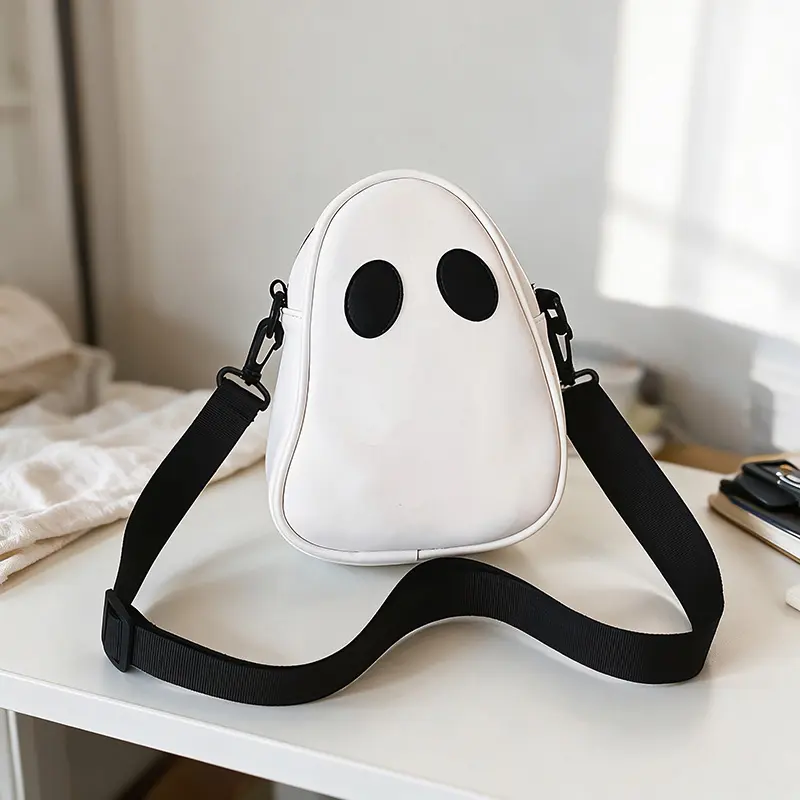 Women's Halloween Theme PU Leather Crossbody Bag - Adorable Pumpkin & Skull Design, Trick-or-Treat Style, Shoulder Strap, Zip Closure, Black and White