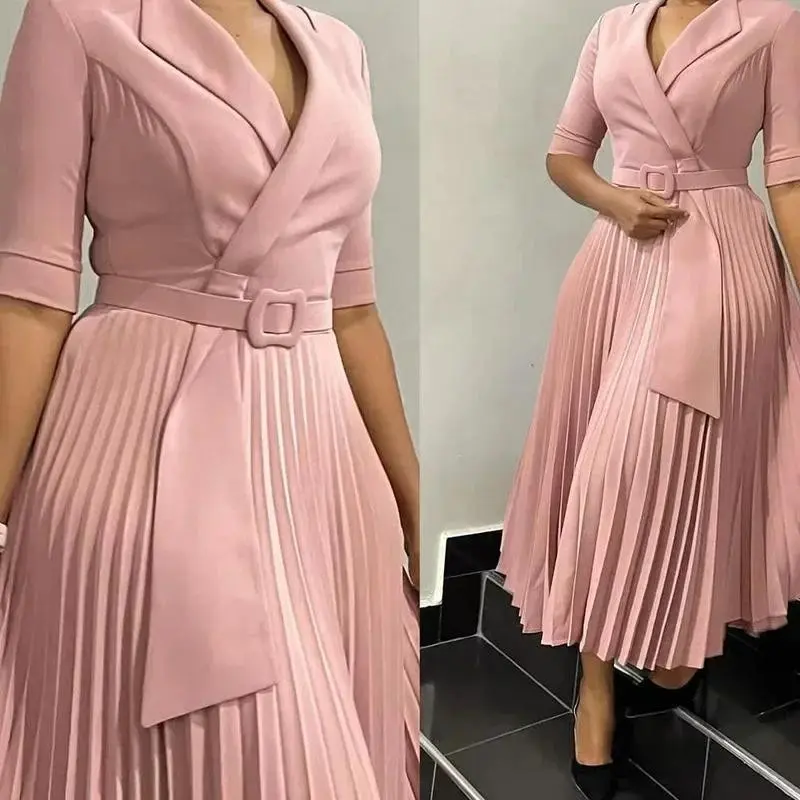 Women's New Arrivals for Fall/Winter Summer Elegant African Half Sleeve V-Neck Polyester Solid Color Dress African Clothing African Pleated Skirt Women's Milkmaid Dress Casual Fabric