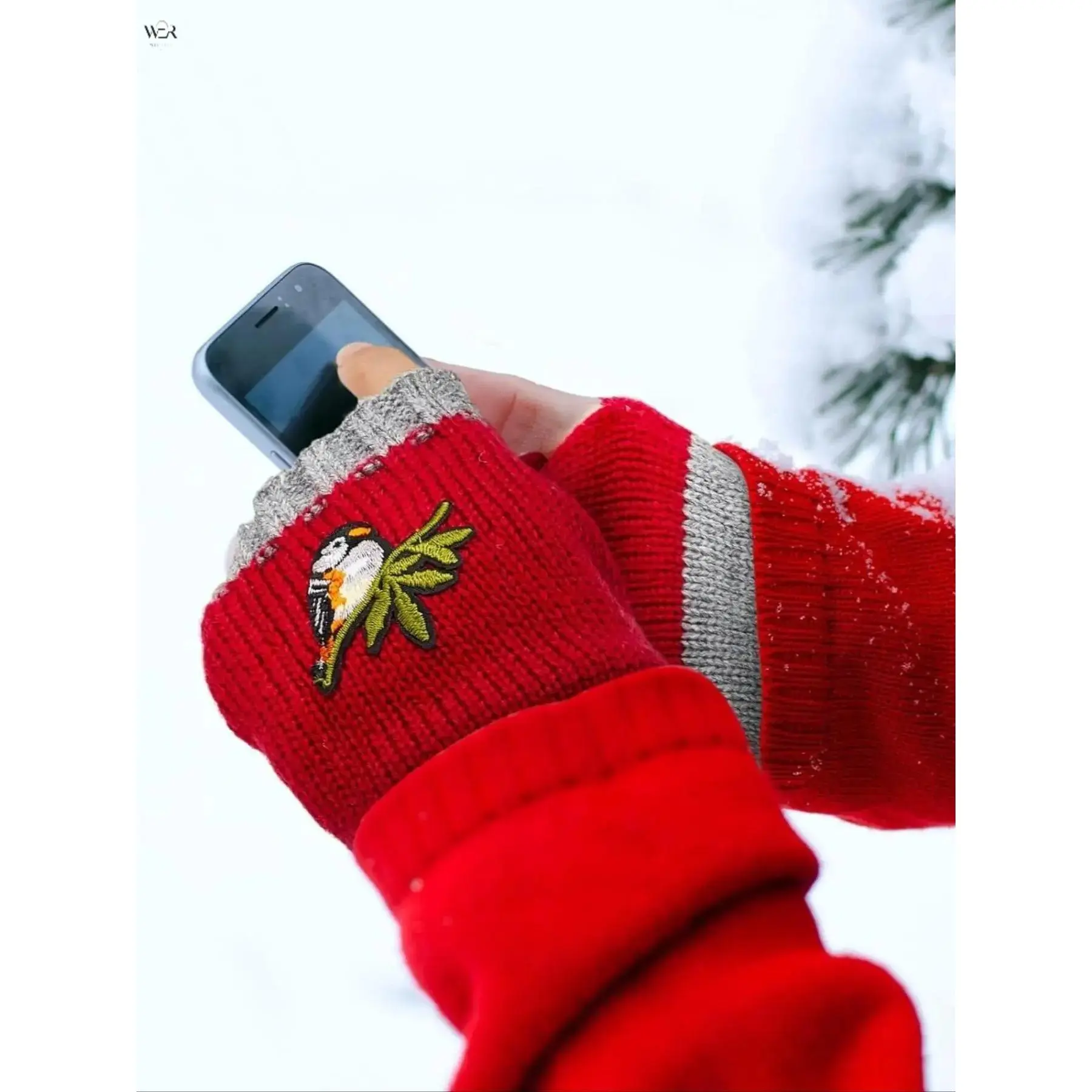 Female Half-Finger Cut Stretch Knit Cuff Gloves - 6 Colors, Bird Embroidery, 24x10cm Color Block, 50g Soft Stretchy Winter Hand Cuffs for Typing, Daily Casual Outfit Layering, Clothes Accessory