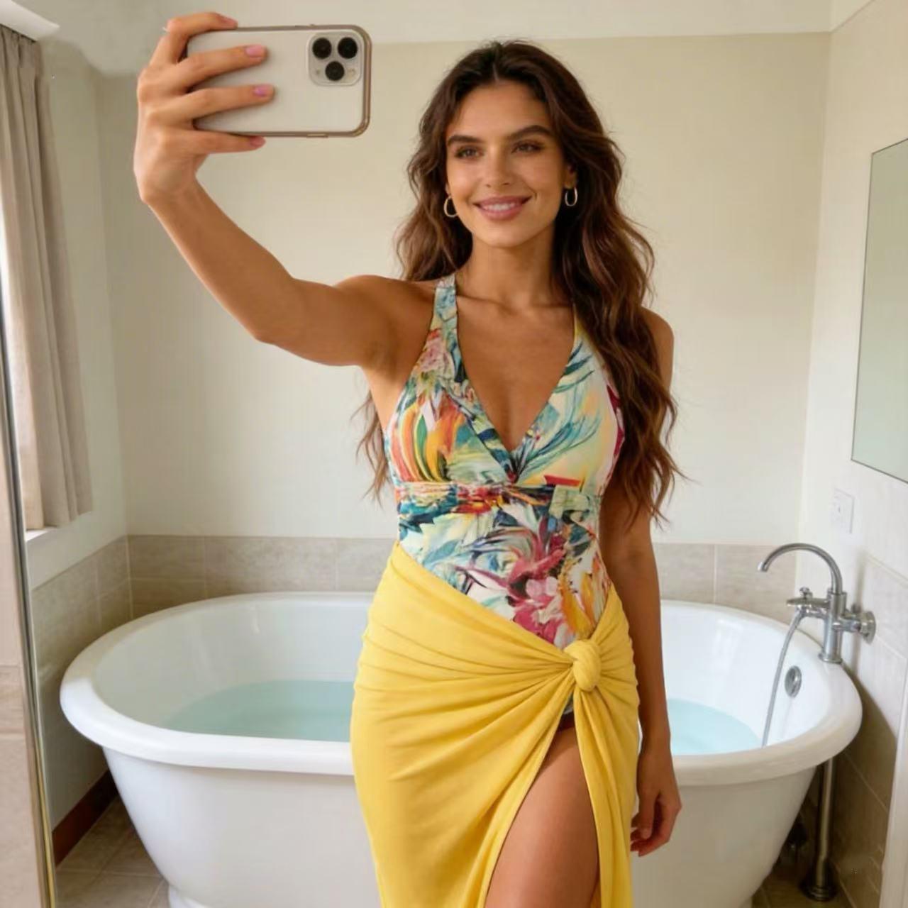 TRESCA Women's Tropical Floral Print 2 Piece Swimsuit Set Halter Neck One Piece Bathing Suit with Yellow Sarong Cover Up for Beach Vacation