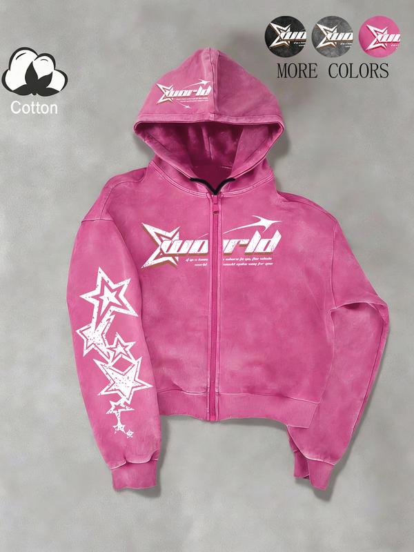 Unisex Street Style Zip Hoodie Jacket, Spring & Fall Thin Cotton Sweatshirt, Xworld Logo Star Pattern, Y2K Campus Hip Hop Fashion