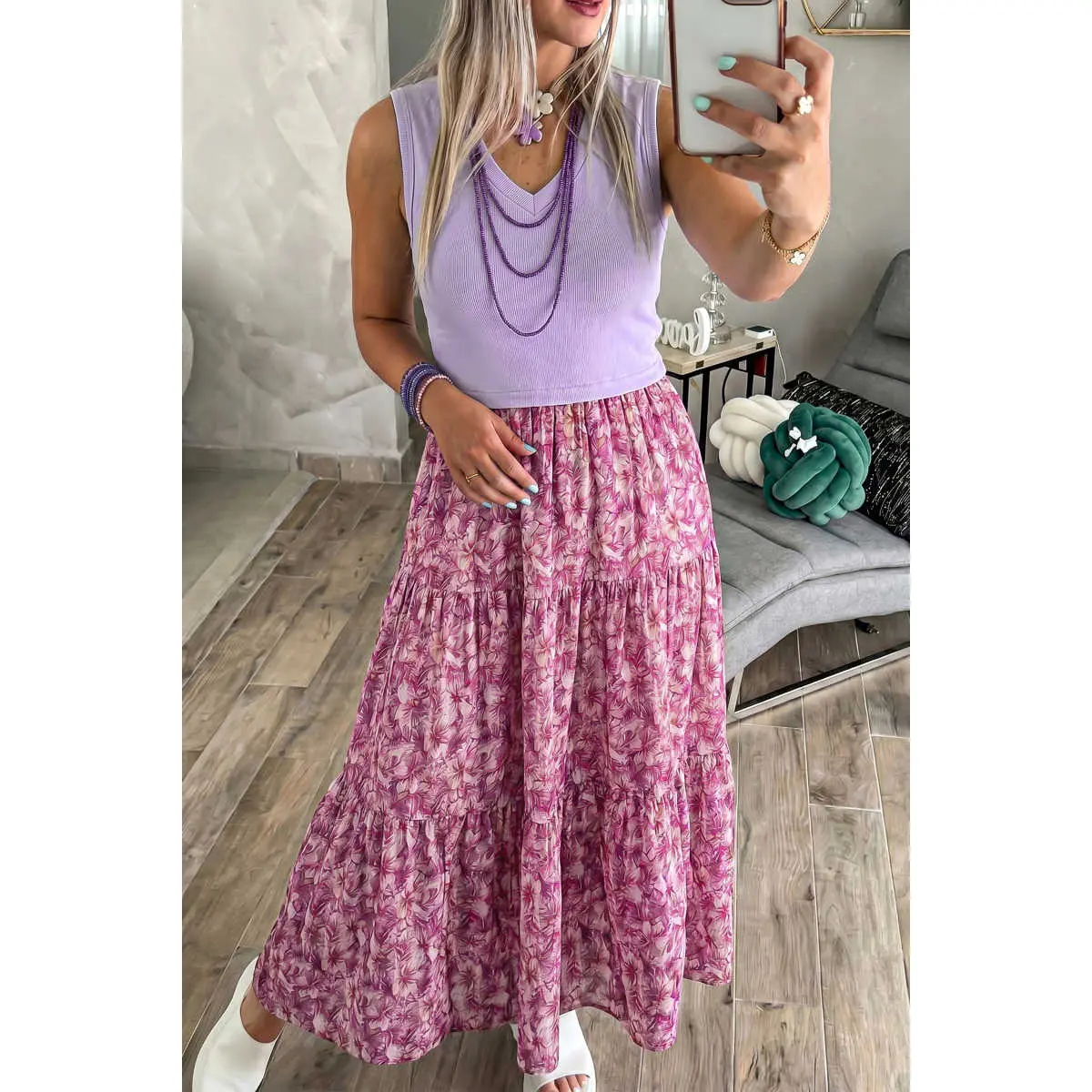 Women's V-Neck Ribbed Viscose-Elastane Viscose Blend Sleeveless Long Length Maxi Dress - Summer Casual Floral Tank Style with Pockets