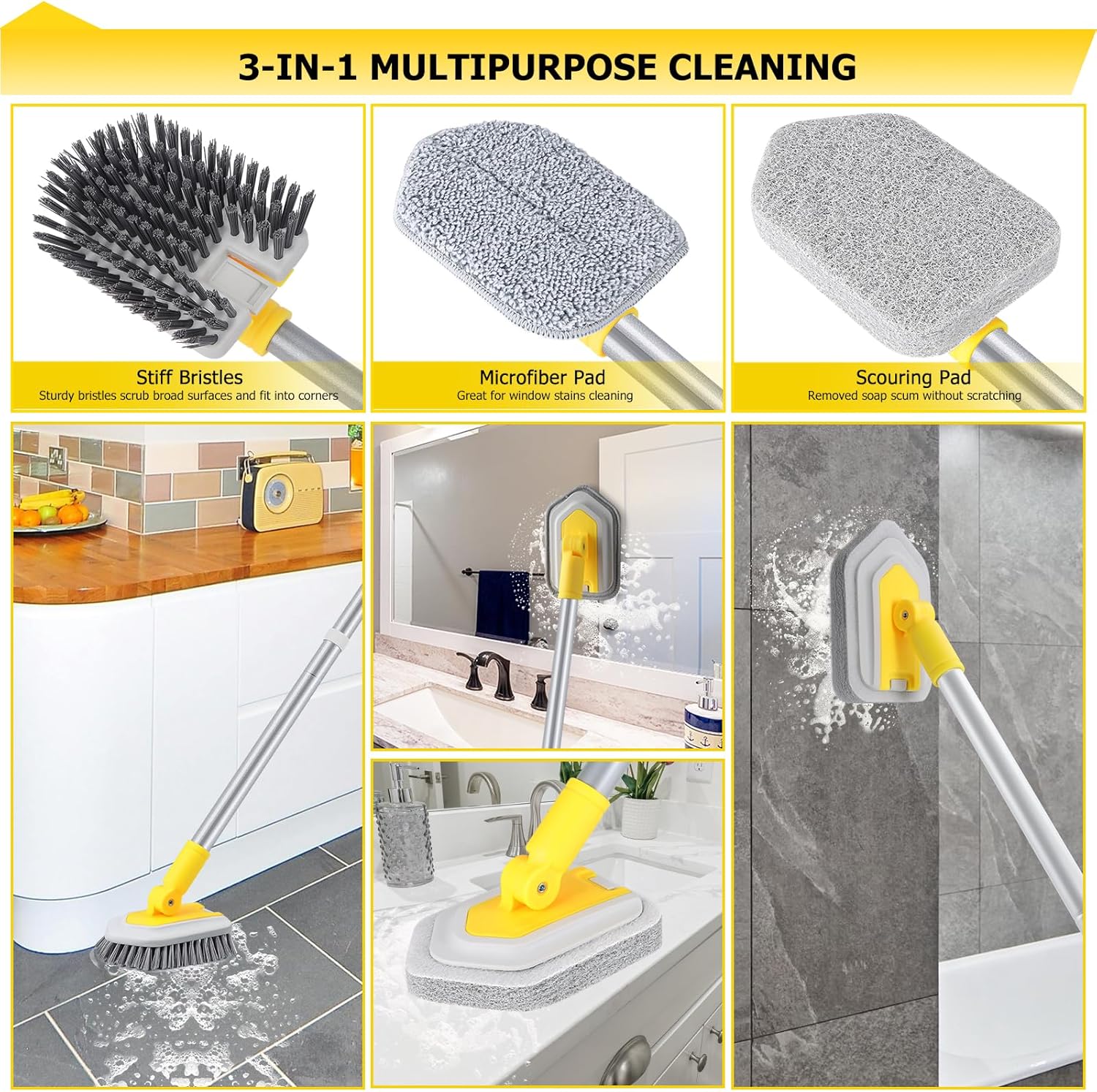 Shower Cleaning Brush with Locking , 3 in 1 Tub Tile Scrubber Brush with 50'' Extendable Long Handle Stiff Bristles Scouring Pads Microfiber for Cleaning Bathtub Shower Wall Bathroom