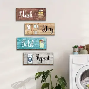 4-piece vintage-style laundry room wall decor set, horizontal farmhouse-style hanging signs printed with the words "Wash, Dry, Fold, Repeat". The charming paper label system helps organize the laundry room, and these durable decorations are also suitable