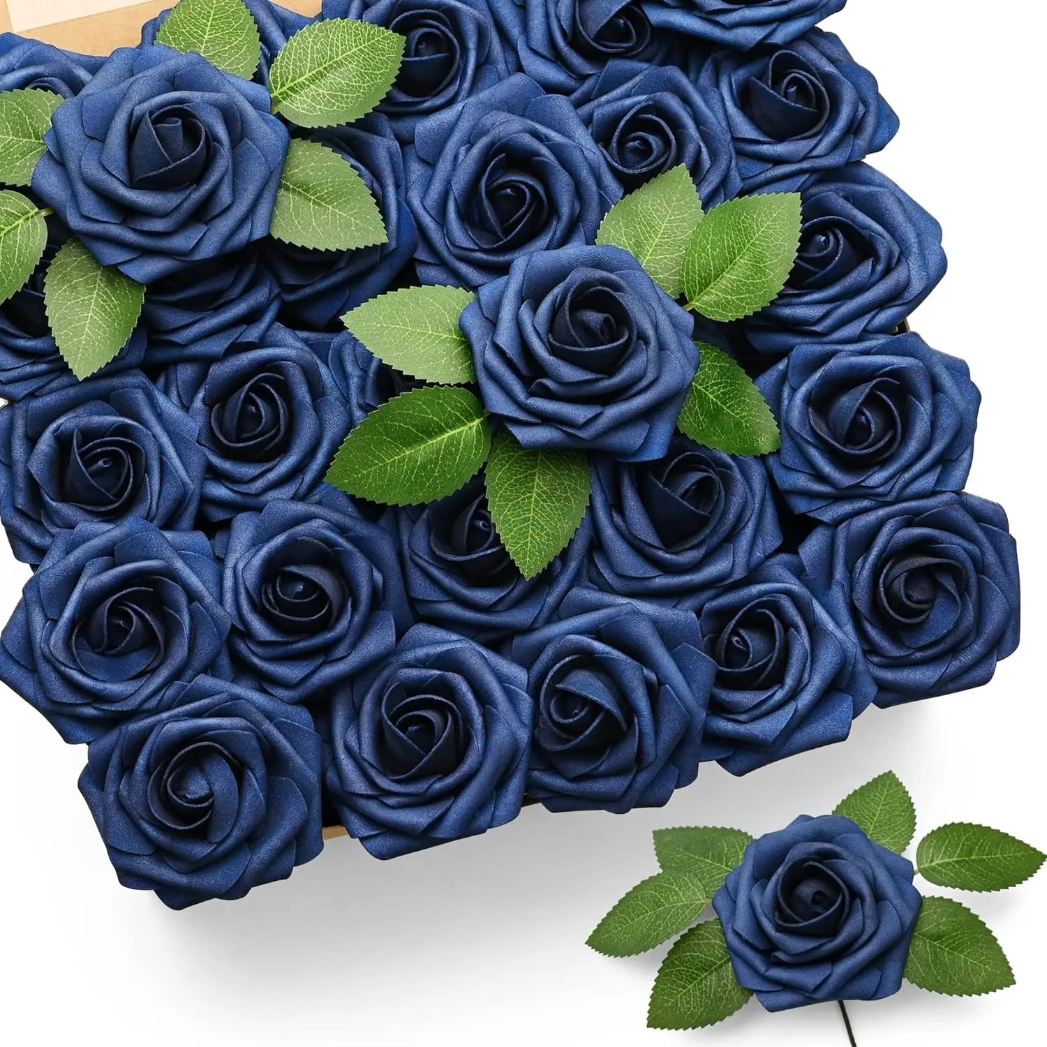 50pcs 3" Velvet Finish Latex Foam Roses Set, Elegant Navy Blue Real-Touch Floral Decor with Stems, Leaves, Photorealism - DIY Bridal Shower Centerpieces, Birthday Gift for Home Supplies
