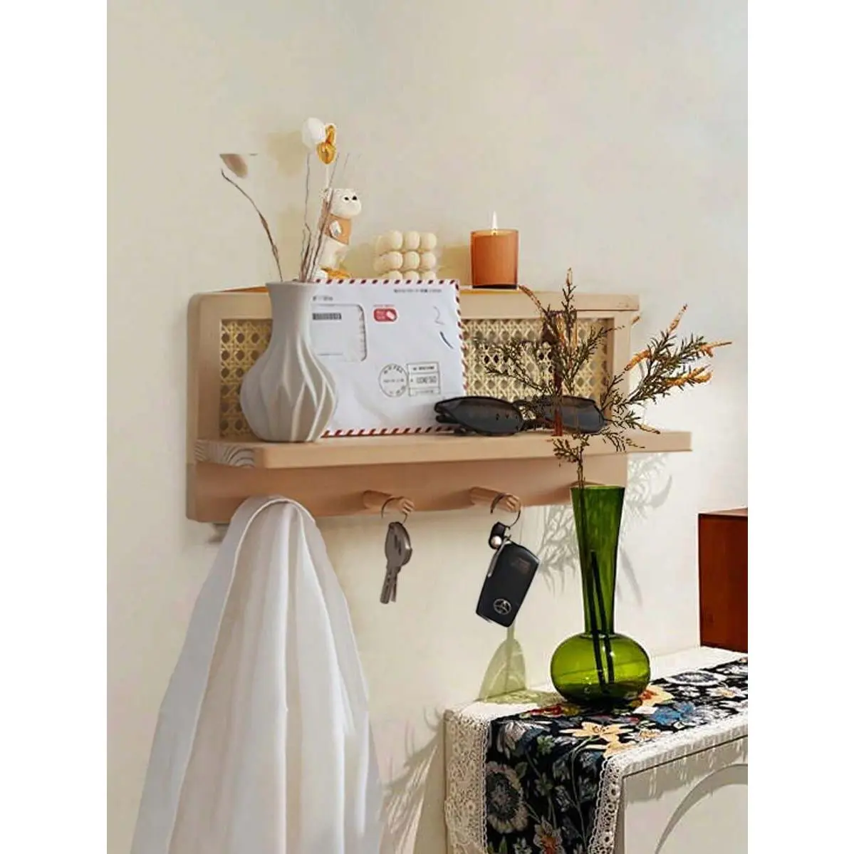 Handwoven Rattan & Wood Wall Shelf with Hooks - Wall Hanging Minimalist Natural Artisanal Weave Organizer for Keys, Books, Magazines, Living Room Decor, Thoughtful Home Supplies Gift