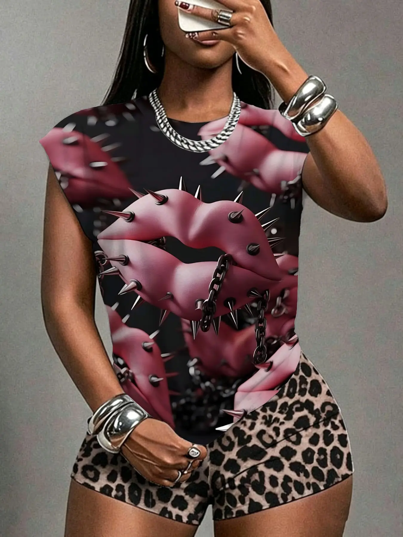 Y2K Punk Rivet Chain Lip Print Sleeveless T-Shirt, Casual Loose-Fit Tank Top, All Seasons Fashion, Unlined, Batch Number 202607