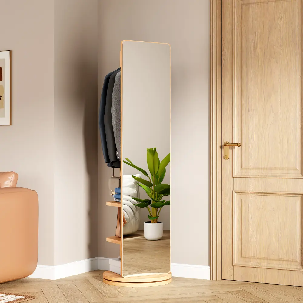 Littleox 360° Rotating 66"x17.8" Multifunctional Full Length Mirror with Hook Storage Rack Coat Rack with Mirror Solid Wood Floor Mirror Bedroom Living Room Cloakroom Space Saving (natural wood)