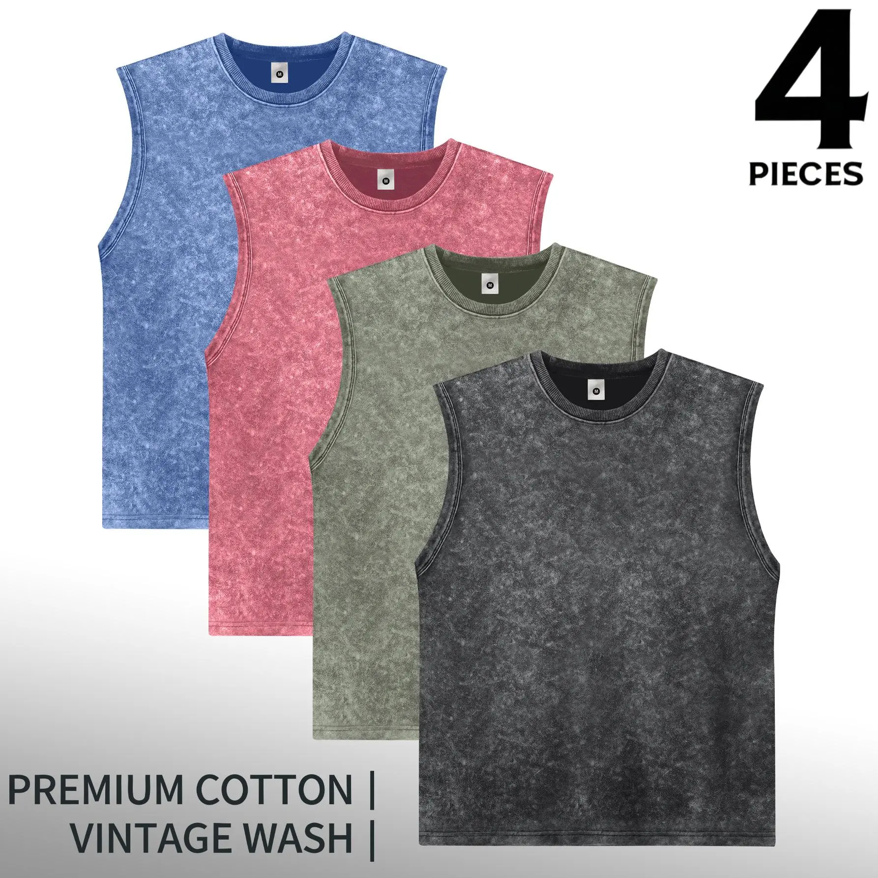 Menswear Loose Sleeveless Solid-Color Crew-Neck Washed Distressed Cotton Tank Top - 1/3/4-Pack Options - 2000s Casual Outdoor Style for Gym Workouts, Camping