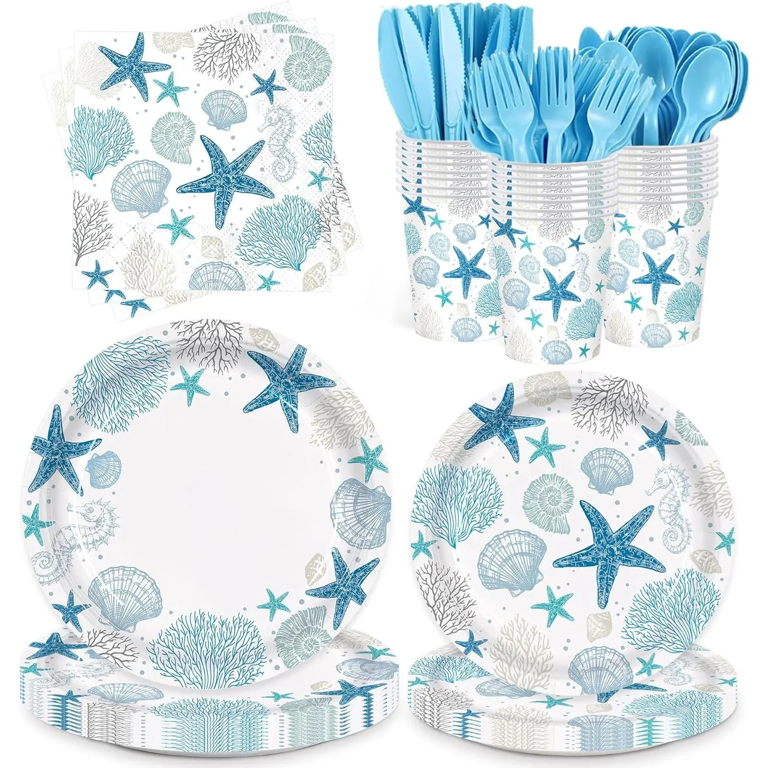 168pcs Coastal Beach Paper Plate Napkin Blue Starfish Seashell Party Supplies Disposable Tableware Set for Summer Ocean Birthday Party Decorations Serve 24 Guests