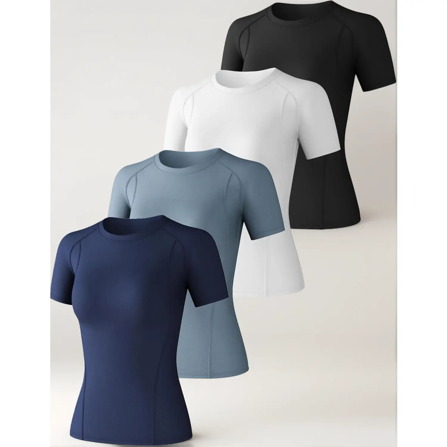 Female 4-Pack Slim-Fitting Pull-On Compression Shirts, Breathable Cooling Athletic Baselayers with Long-Short Sleeves, Workout Undershirts for Yoga, Gym Training