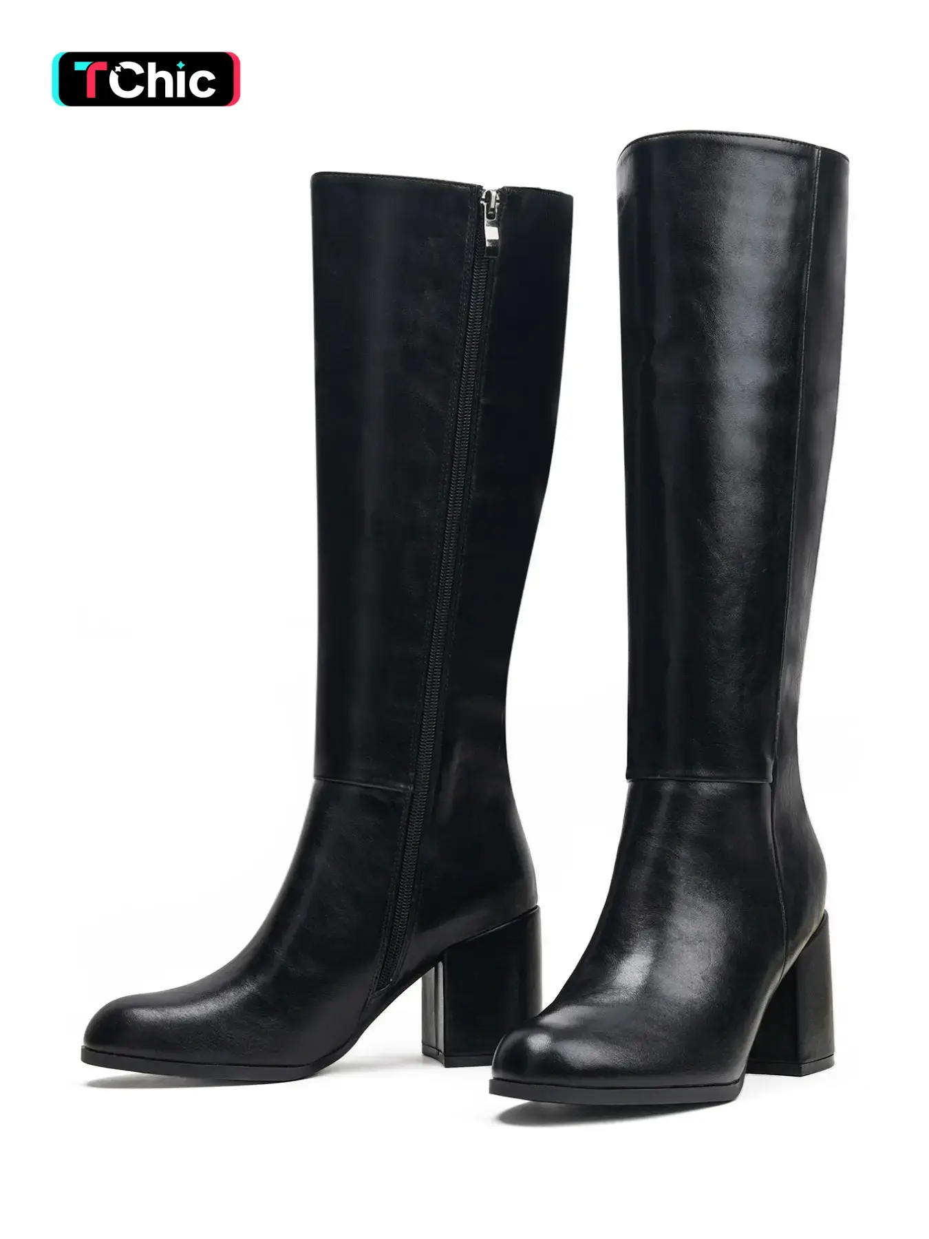 Women's High Heel Knee-High Boots, PU Leather Zipper Pointed Toe, Fall & Winter Fashion, Comfortable and Stylish, Perfect for Casual Wear, Block Heel Boots, Boot Heels, Boots With Zipper