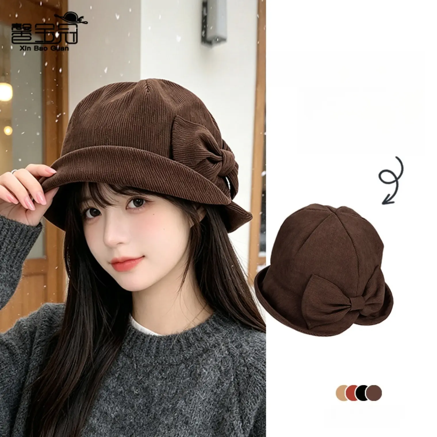 Women's Corduroy Fleece-Lined Winter Bucket Hat - Vintage Bowknot Slouchy Foldable Brim Cloche Cap, Packable Hats for Women, Maillard Autumn Warm Gift for Adults