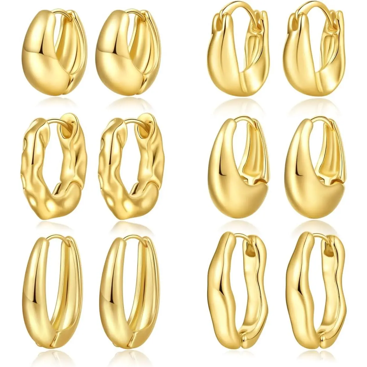 6 Pairs Gold Hoop Earrings Set for Women, 14K Gold Plated Huggie Chunky Earring Variety Pack, Hypoallergenic Thick Jewelry Gift