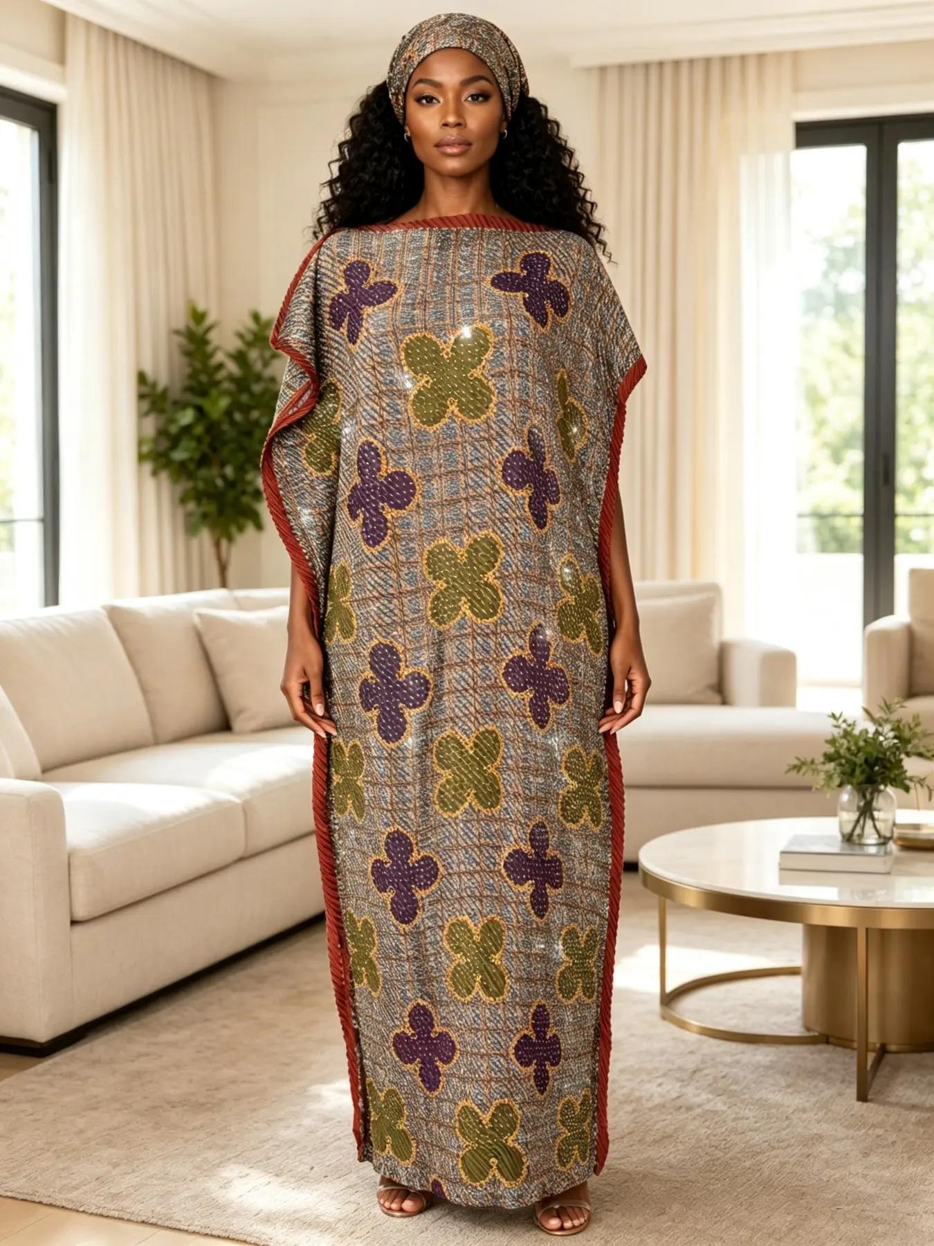 Plus Size Women's Two-Piece Satin Pleated Kaftan Set, Vintage Plaid Clover Rhinestone Decor, Loose Batwing Sleeve Dress with Matching Headscarf