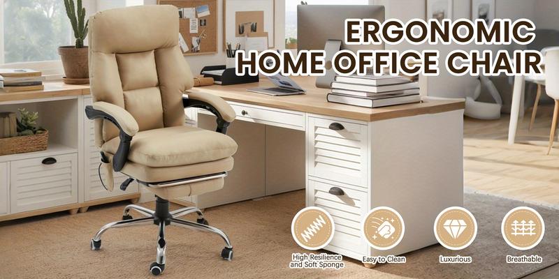 Khaki Ergonomic Office & Gaming Chair 6-Point Vibration Massage, Height & Angle Adjustable, Padded Armrests, 360° Swivel Rolling - Perfect for Office, Bedroom & Study