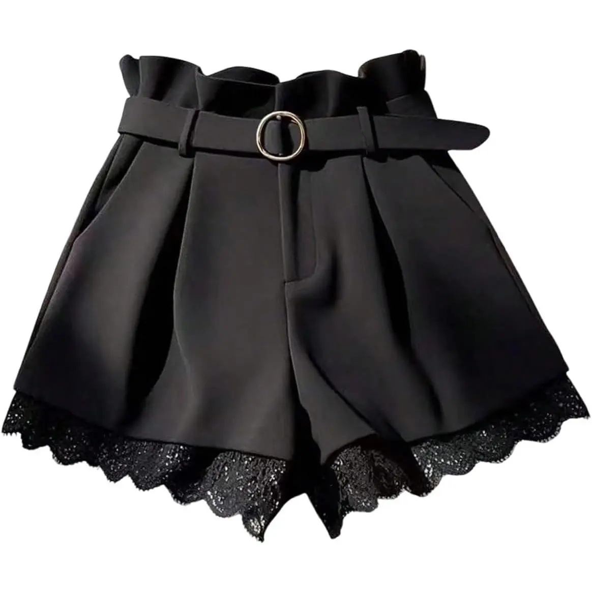 Women's Pleated Lace Belted Dress Shorts Wide Leg Tailored Formal Dressy Work Shorts with Pockets