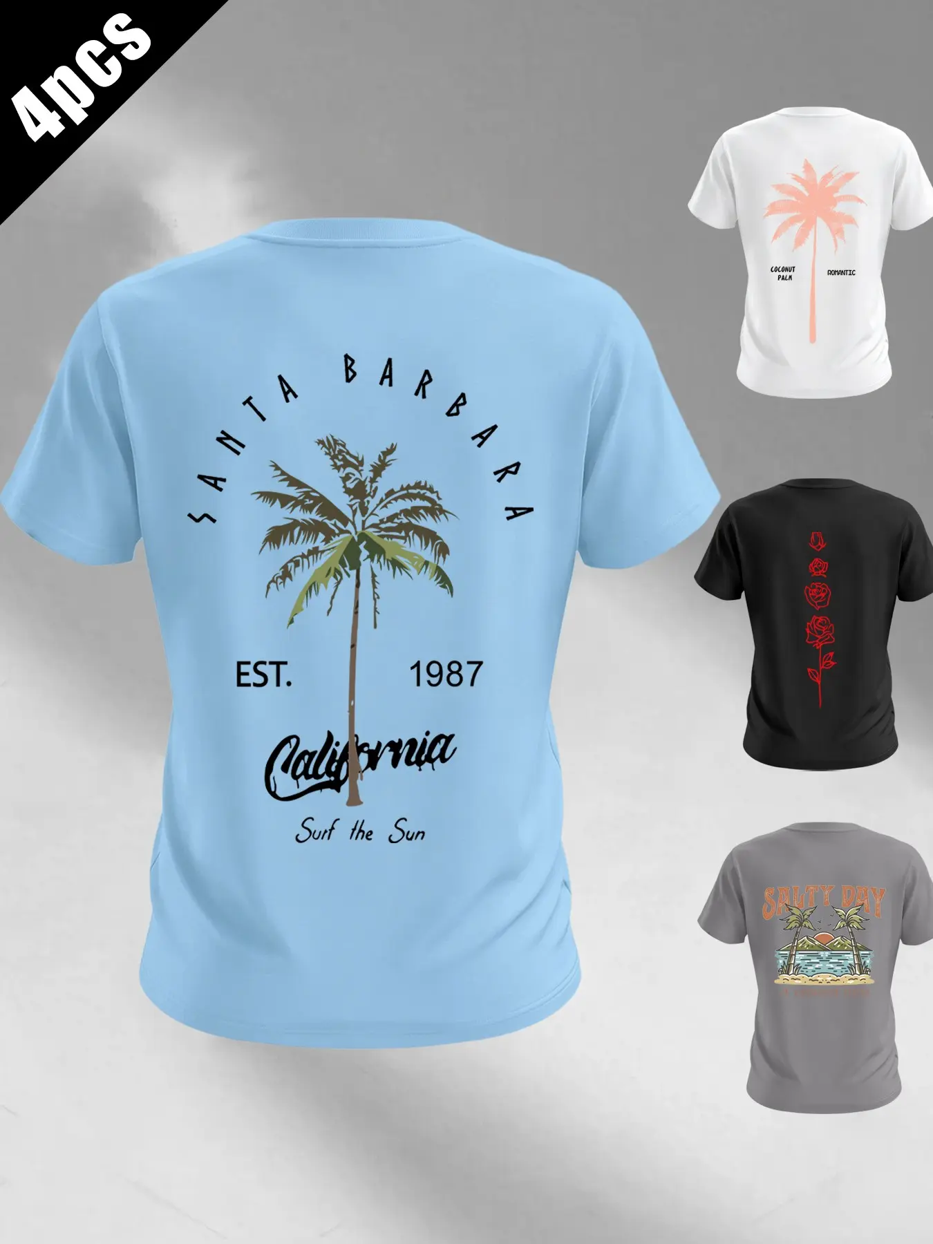 Men's 4-Pack California Palm Tropical Rose Print Round Neck Short Sleeve T-Shirt Set, American Beach Vacation Streetwear Loose Fit Casual Half Sleeves, Casual Graphic Top