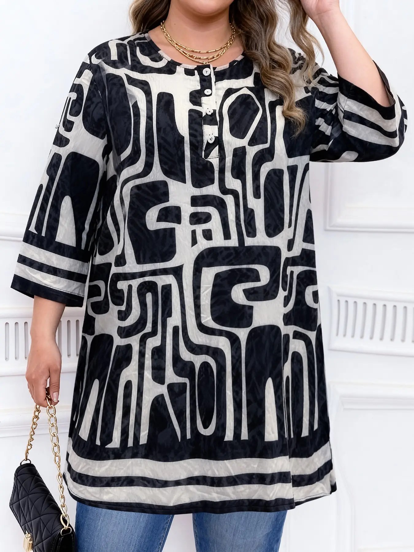Plus Size Women Abstract Geometric Bohemian Long Sleeve Blouse Top, Round Neck Half Open Button, Adjustable Cuffs, Side Slit, Office Shirt, Multiple Colors Available, Boho Resort Blouse