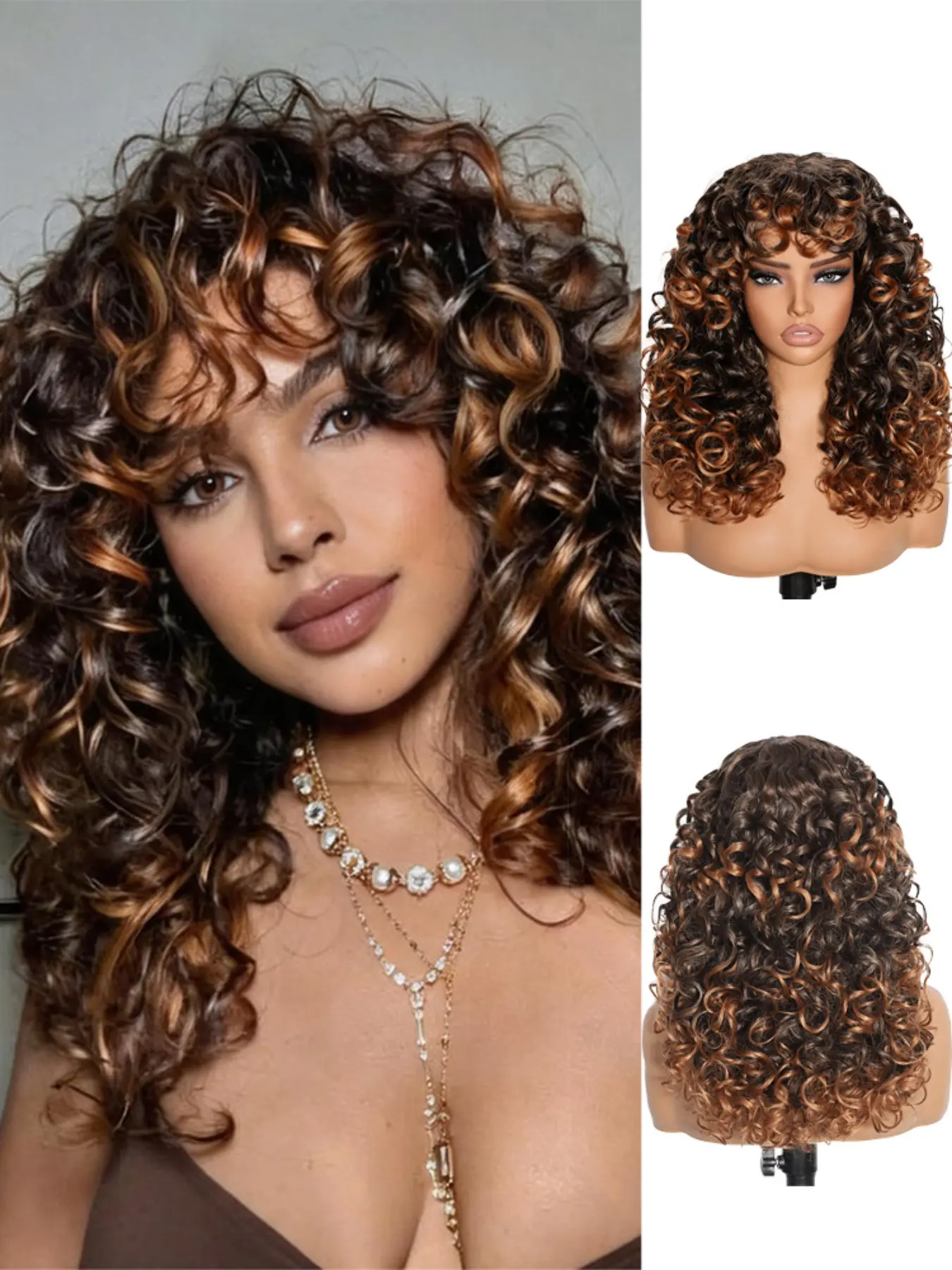 Long Ombre Curly Wig with Bangs for Women, Big Bouncy Fluffy Afro Synthetic Hair, Heat Resistant for Daily Wear & Cosplay, Synthetic Curly Wigs