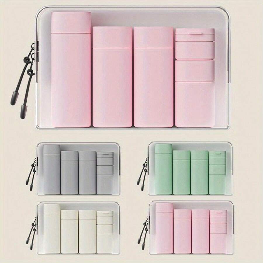 6-Piece Travel Makeup Cosmetic Dispenser Bottle Set, Portable Compact Cream & Shampoo Containers, Includes PU Bag, Sizes 100ML-15ML, Ideal for Travel Essentials