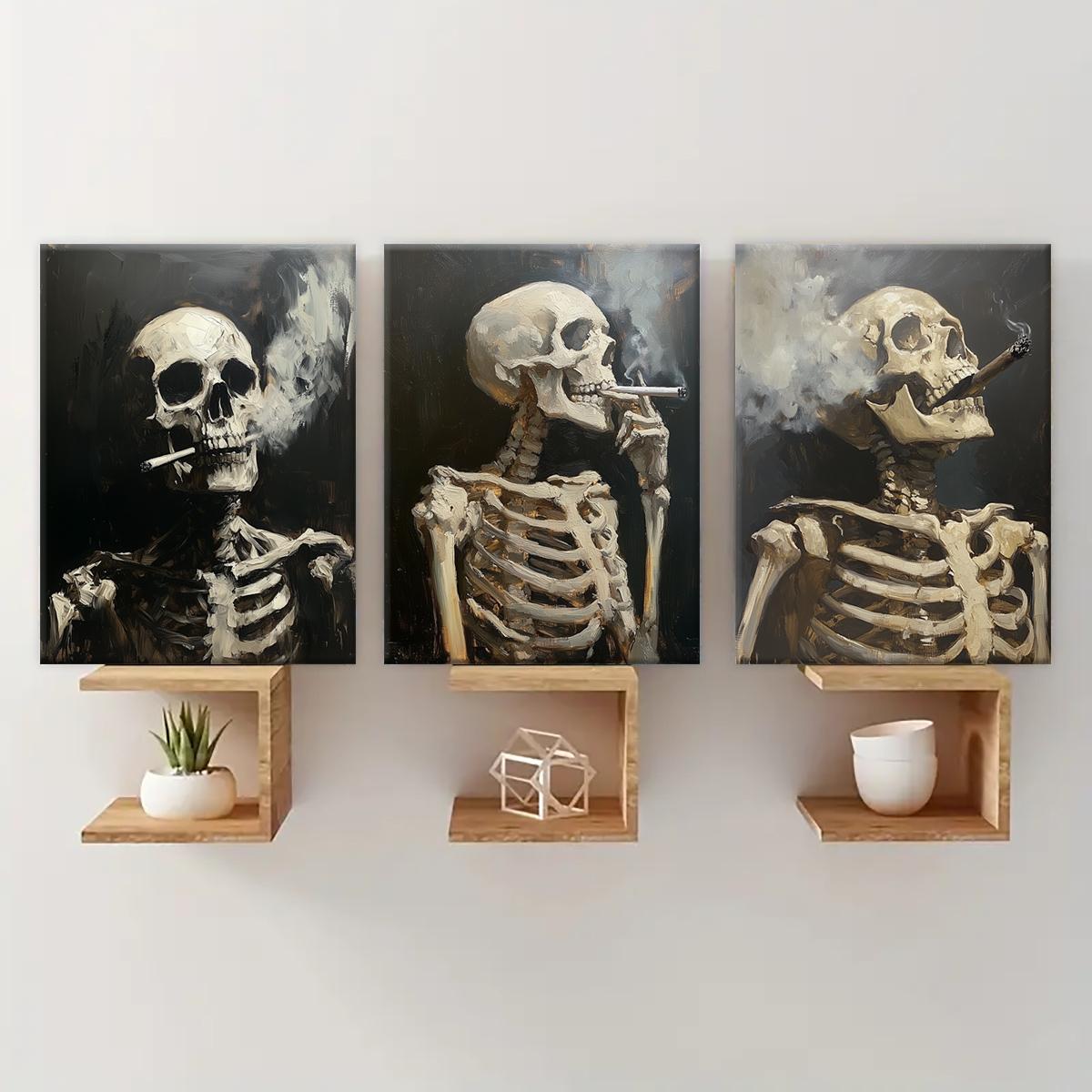 Skull Pattern Canvas Painting, 3 Counts/set Creative Wall Art Poster, Wooden Wall Art, Wall Art Decor for Home Living Room Bedroom Office