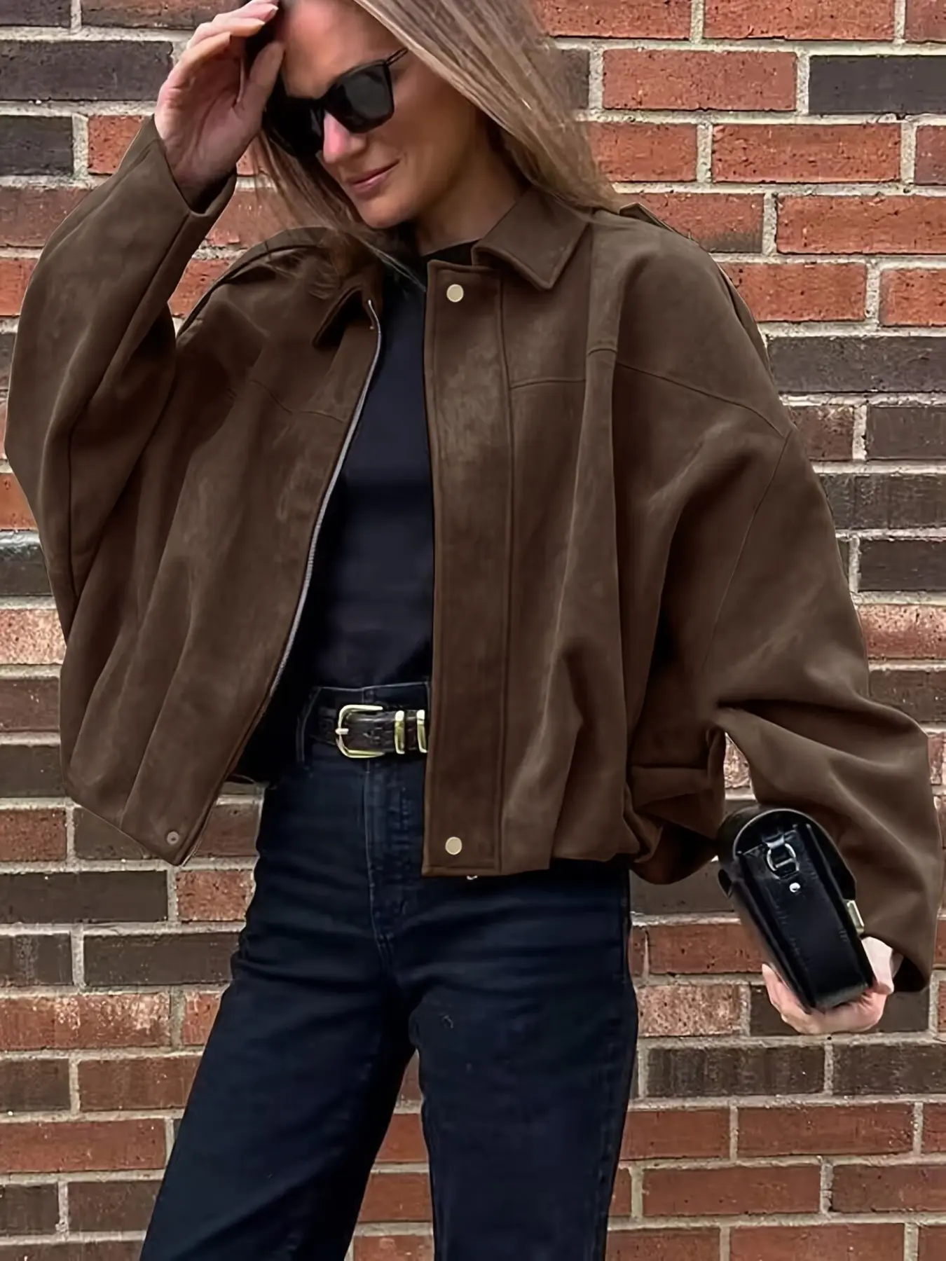 Vintage Short Jacket Women, Lapel Zipper Loose Drop Shoulder, American Retro Lapel Short Coat, Fall Loose Petite Jacket Top