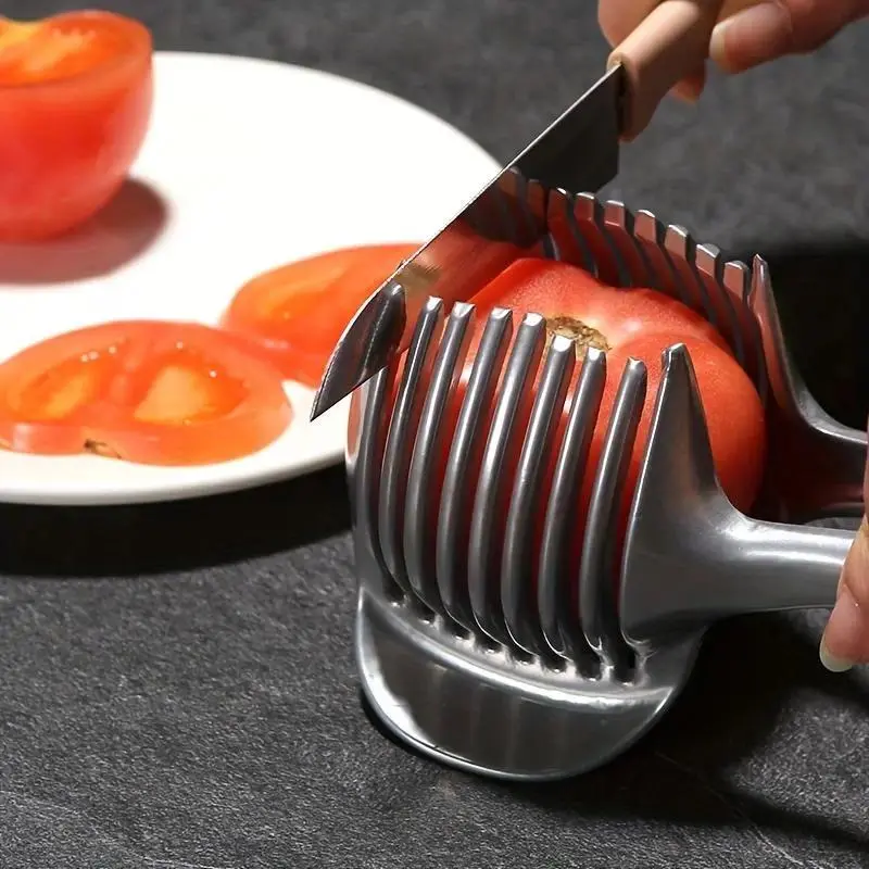 Stainless Steel Utility Slicer - Compact Multi-Use Fruit Tool with Cutting Clip, Food Preparation Guide for Tomatoes, Lemons, Ergonomic Kitchen Utensil, Cutting Guide, Durable