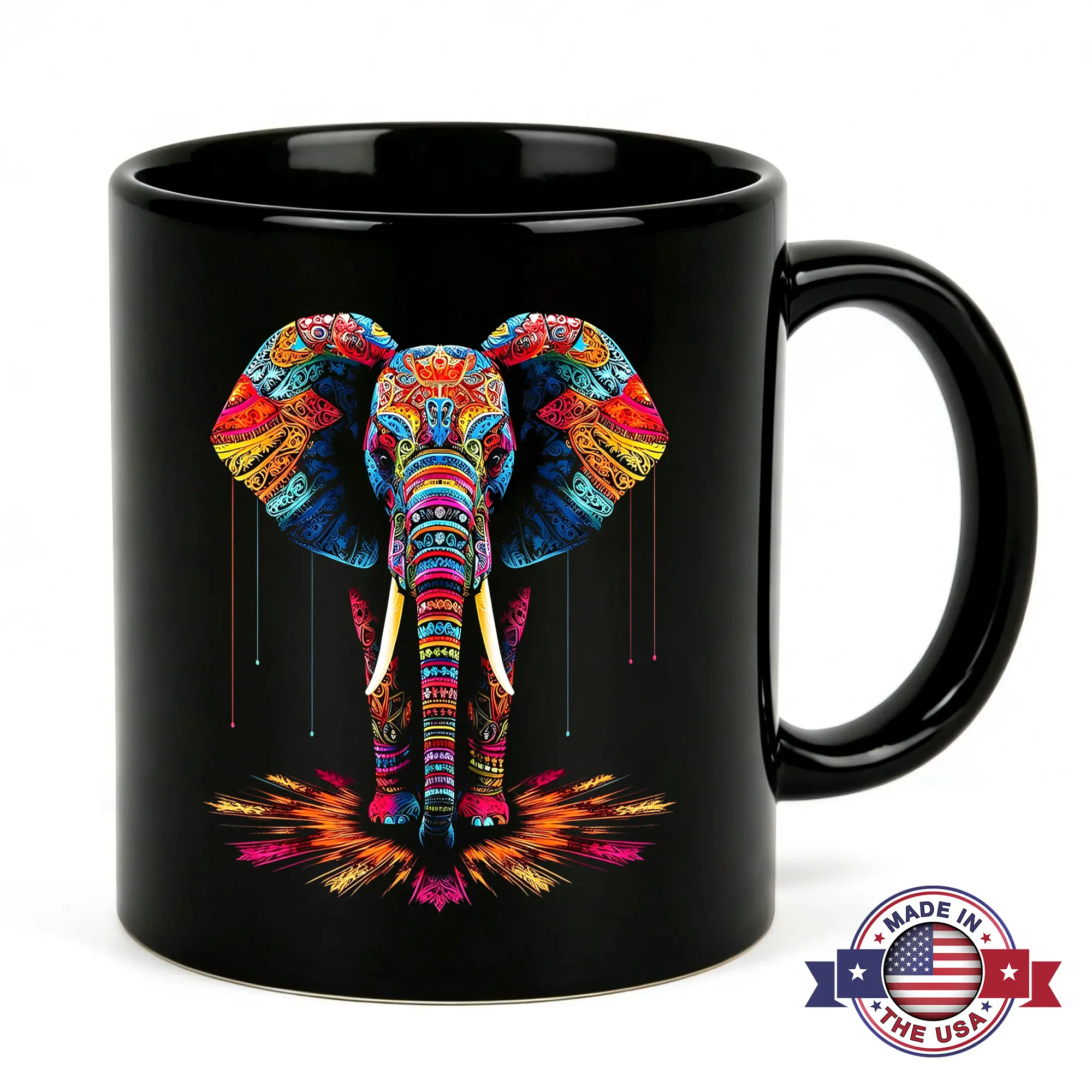 Colorful Mandala Elephant Coffee Mug 11oz Black Ceramic Vibrant Tribal Animal Art Cup Bohemian Aesthetic Novelty Gift for Women Mom Yoga Meditation Lover Spiritual Healing Good Luck Charm Elephant Decor Meaningful Birthday Present