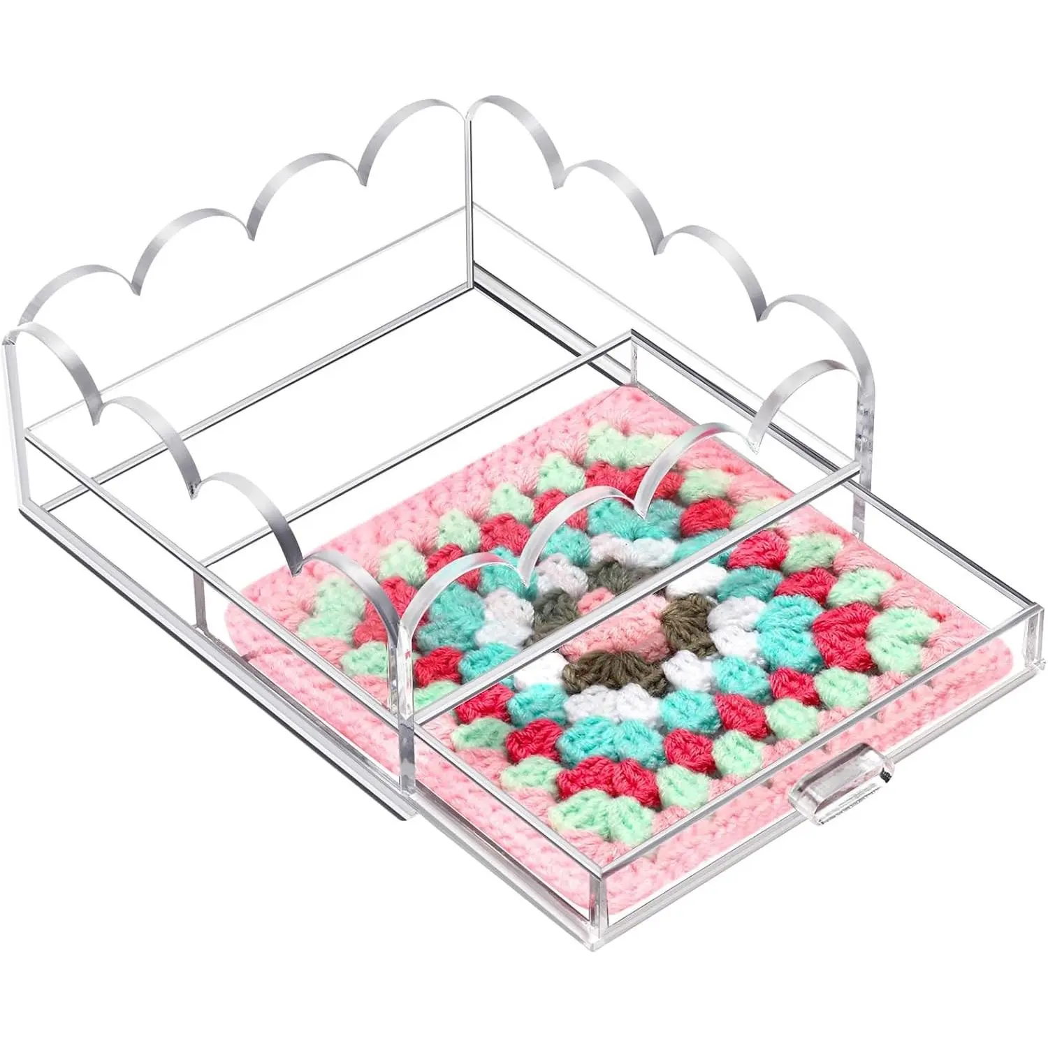 Scalloped Acrylic Tray, 5" x 5" Clear Acrylic Tray with Insert Drawer | Durable Acrylic, Modern Desk Decor Gift, Acrylic Trays for Needlepoint insert, Photos, Art, Fabric, Napkin, Jewelry Organizer