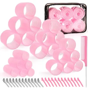 50 Pcs Self-Grip Hair Rollers Set with Clips, 4 Sizes (25mm, 36mm, 48mm, 60mm) Pink Hair Curlers for Long, Short Hair and Bangs