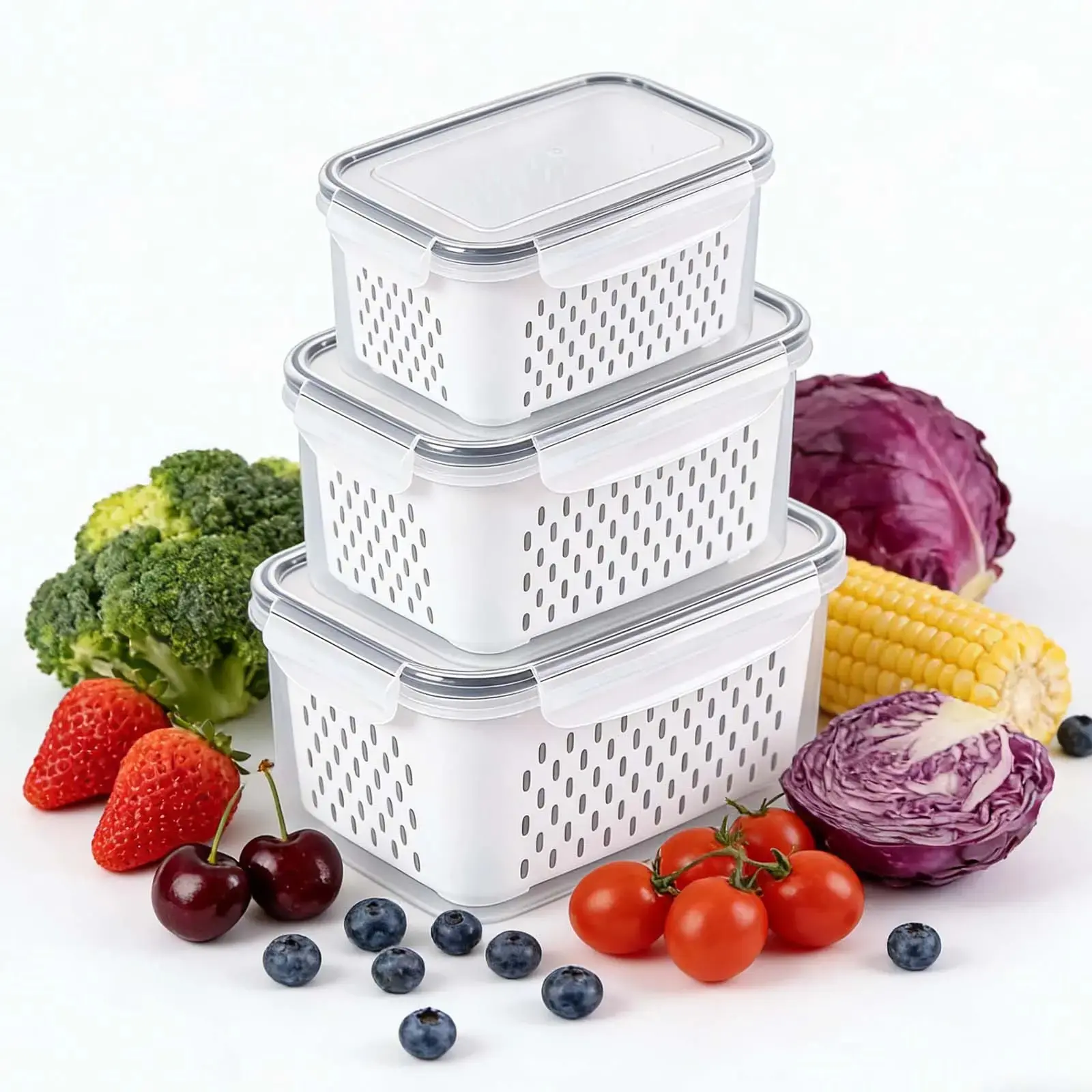 3-Count Double Layer Drainage Box, Fruit & Vegetable Storage Box, Kitchen Accessories Organizer, Strainer Basket, Vegetable Colander, Household Essentials, Kitchen Gadgets, Household Kitchen Supplies