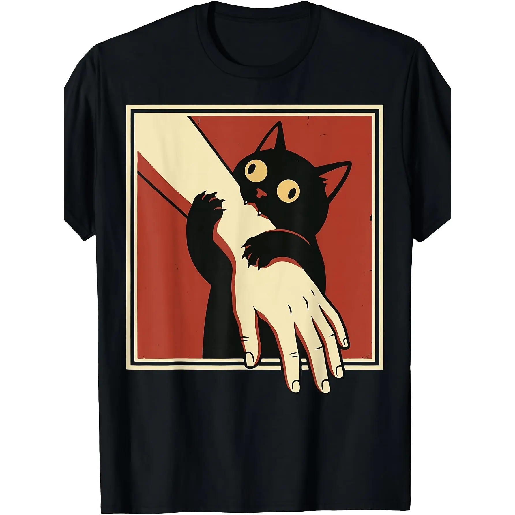 Retro Cat Biting Arm T-Shirt - Vintage Black Cat Graphic Tee with Round Neck, Suitable for - Casual Wear, Themed Parties & Everyday Outfits - Male Fashion Apparel