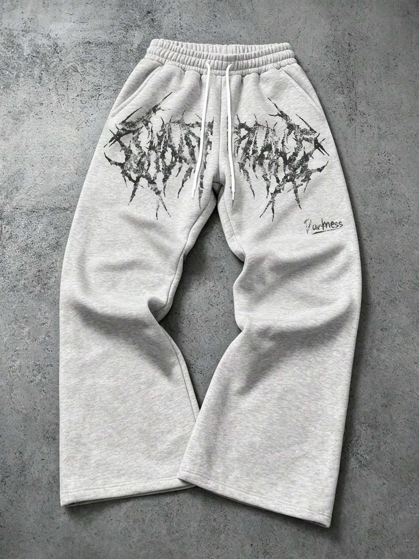 Men's Light Heather Gray Elastic Drawstring Waist Wide Leg Sweatpants, Vintage Dark Gothic Distressed Thorn Letter Graphic Print Loose Baggy Full Length Casual Trousers, Trendy Y2K Streetwear Bottoms, Relaxed‑Fit Printed Pants for Daily Outing Vacation Lo