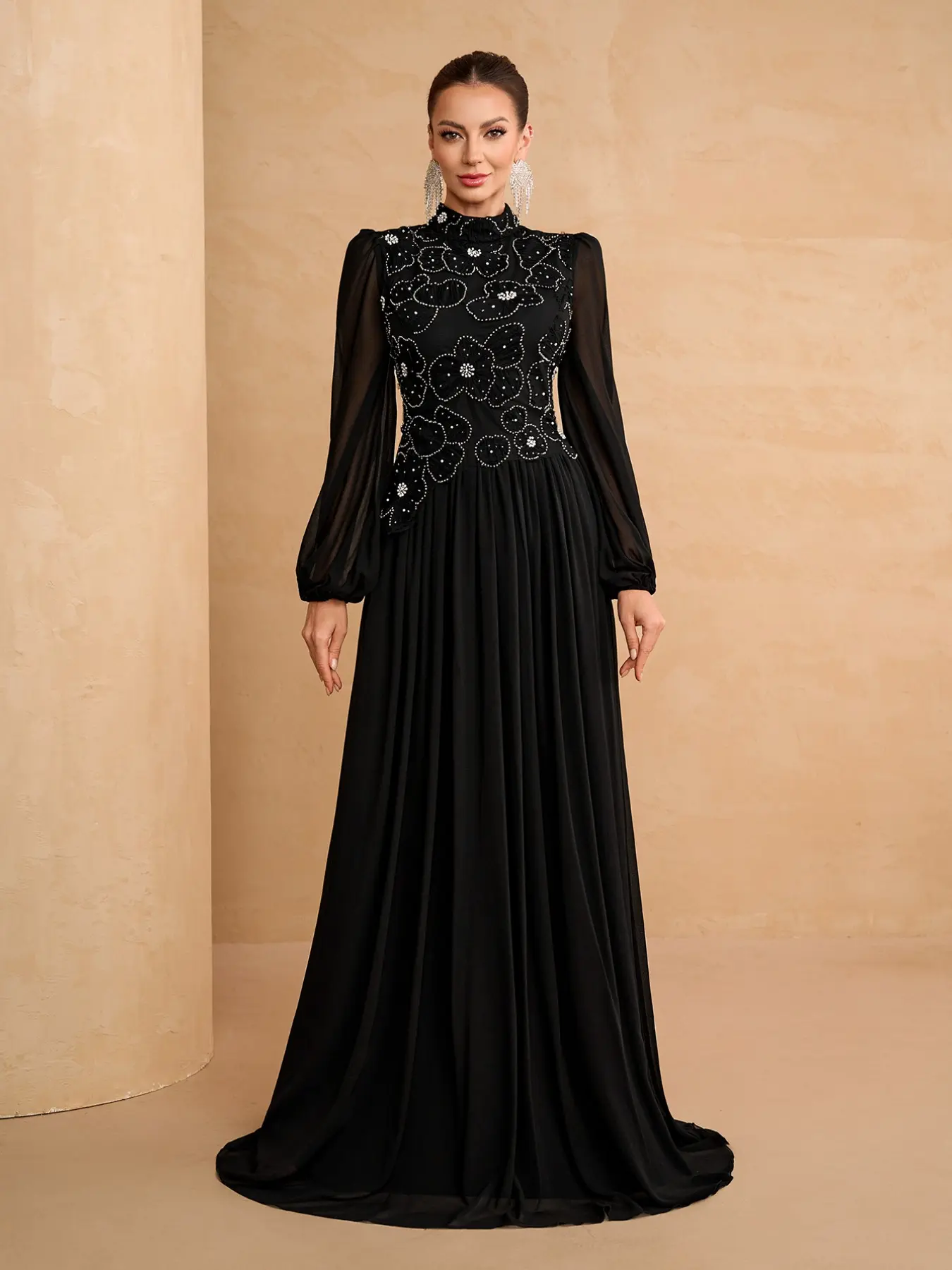 Elegant Chiffon Formal Dress with 3D Floral Beads, Long Sleeve High Neck, Formal Wear, Perfect for Wedding Guests, Graduation, Concerts, Parties