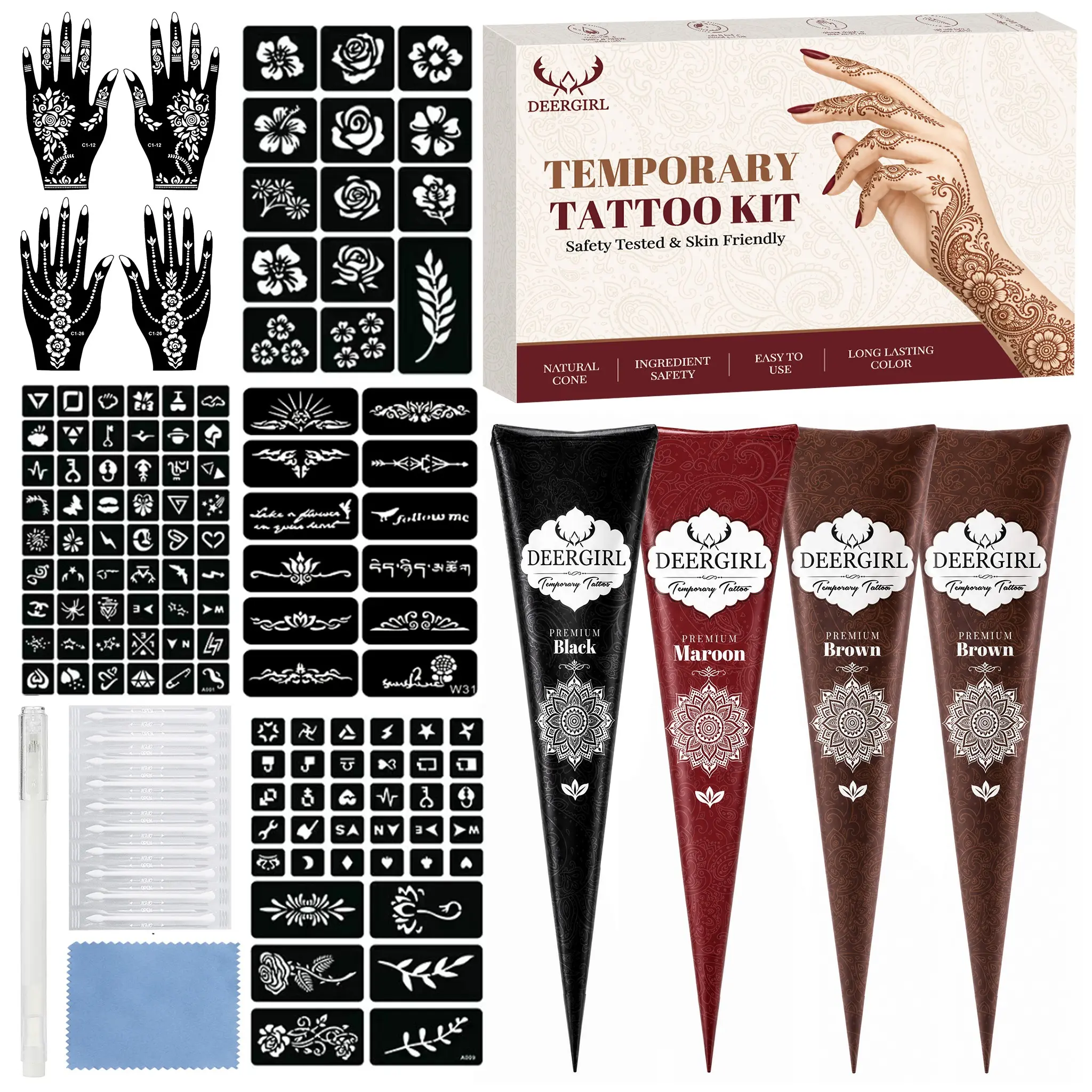 Deergirl Temporary Tattoo Cream Set, Tattoo Supplies, Includes Templates & Pens, Long-Lasting Multi-Color Tattoo Balm, Ideal for Travel & Beginners