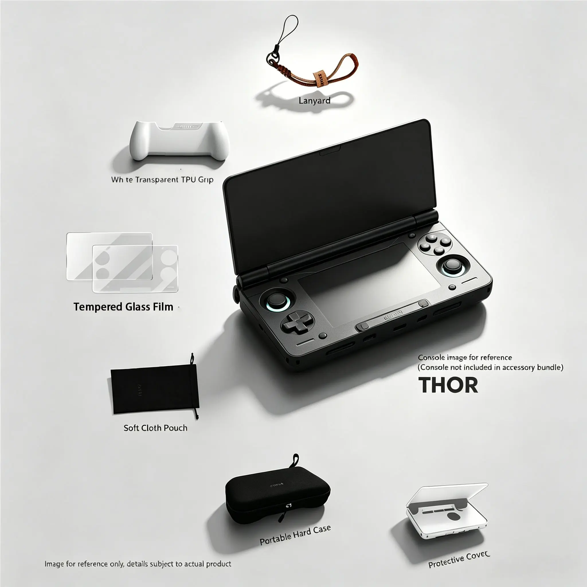 Thor Foldable Handheld Game Console Accessories Set, Tpu Grip, Tempered Screen Protector, Hard Case, Clear Shell, Lanyard, Storage Bag