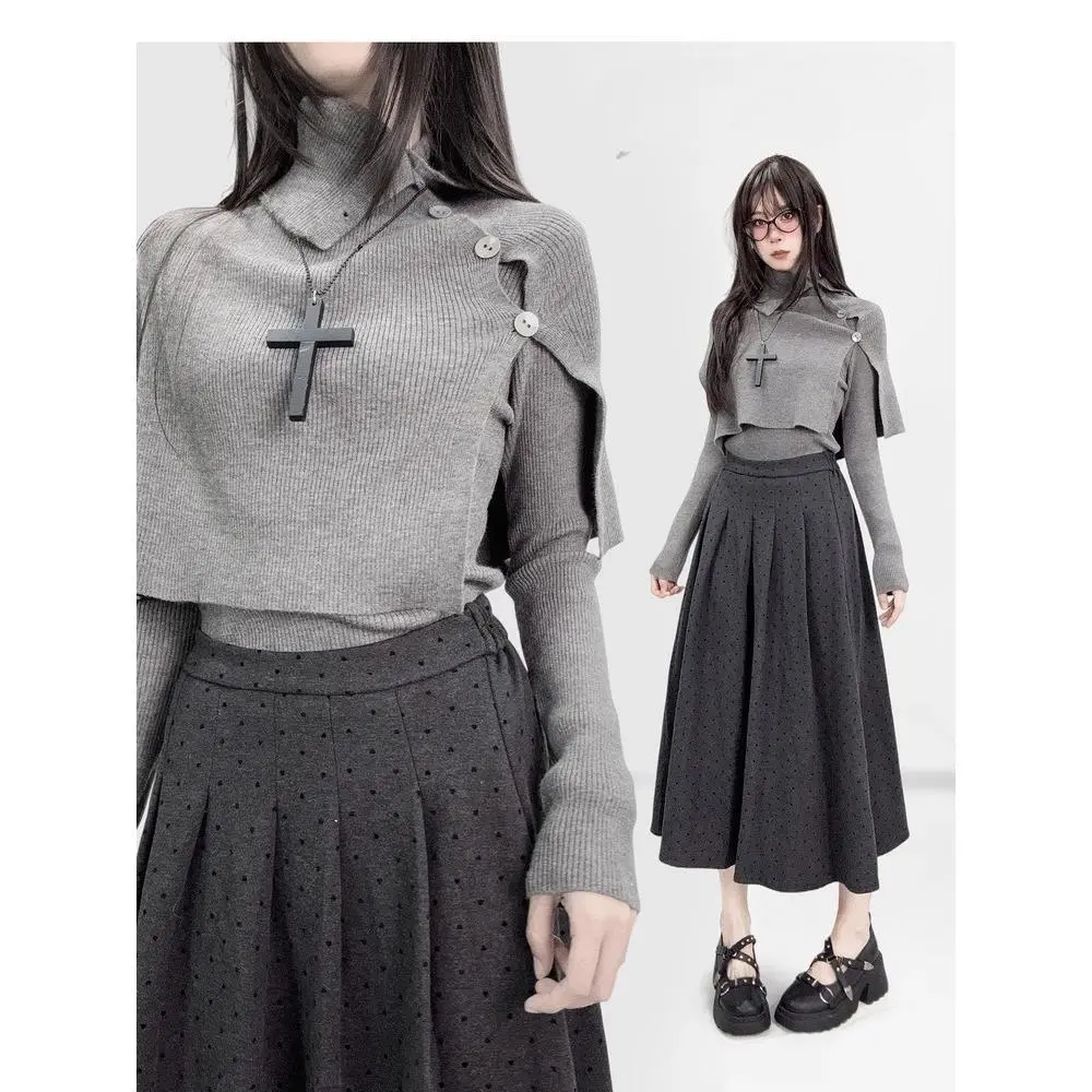 Vintage Subculture Sweater Casual Women Long Sleeve Turtleneck Knitted Pullover + Shawl Two Piece Set Y2K Clothing Antumn