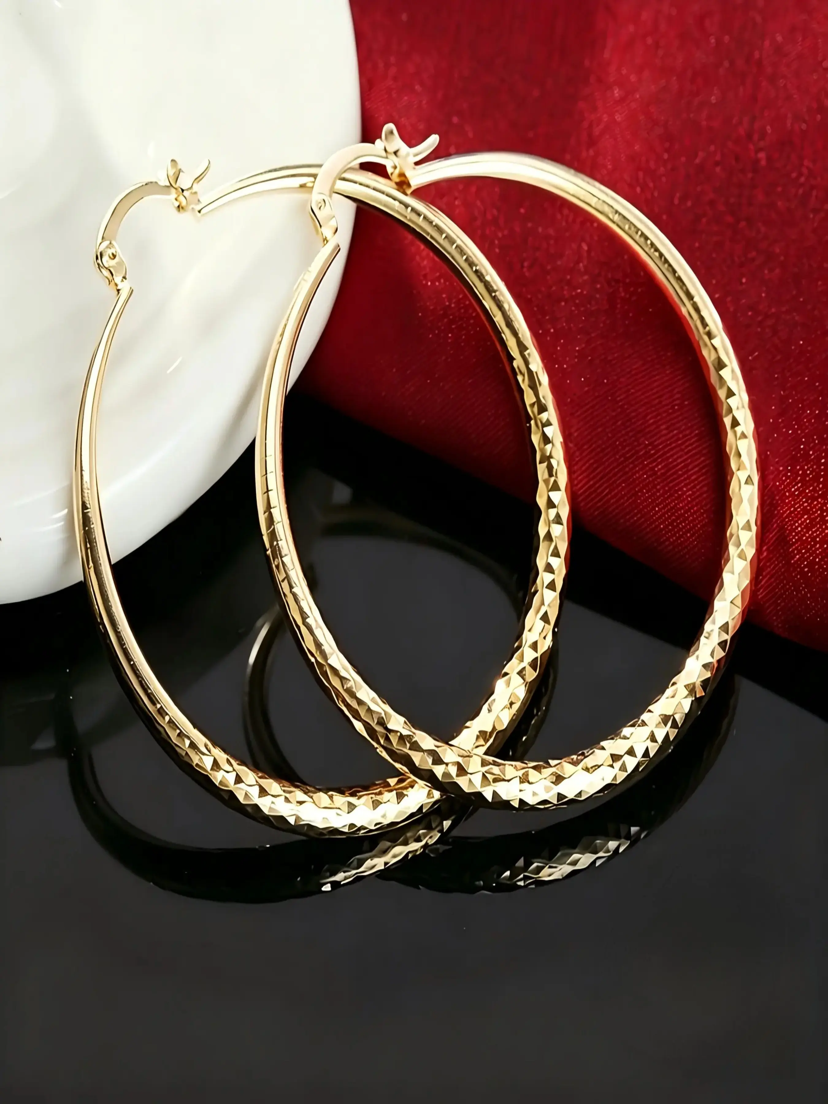 Shiny Diamond-Cut Textured Hoop Earrings, 14K Gold Imitation Plated Hypoallergenic Lightweight 5CM Large Circle Earrings, Hinged Statement Hoops for Women Everyday Wear & Gifting