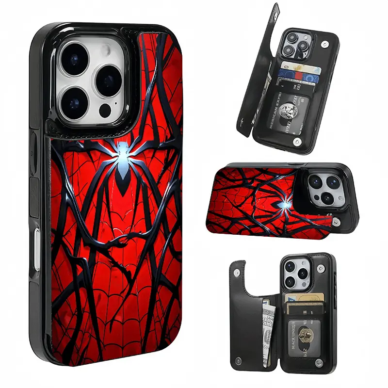 Red and Black Spider Web Texture, This phone case features a card slot function, can store bank cards, transit cards and other cards, suitable for iPhone 17/16/15/14/13/12, and makes a great gift for girls.