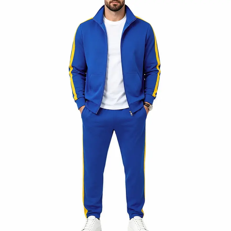 Men's 2 Piece Tracksuit, Athletic Color Block Stripe Set with Stand Collar Zip-Up Jacket and Joggers, Loose Cut Polyester Blend for Outdoor Wear, Dry Cleaning, Long Pants, Two-Pieces