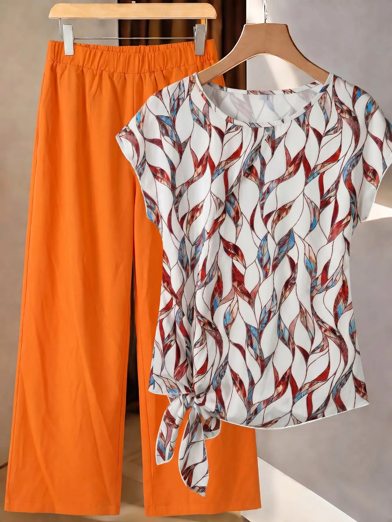 Women's Casual Printed Side-Tie Loose Top & Wide-Leg Pants Two-Piece Set, Comfortable Everyday Loungewear Outfit for Spring Summer | Womens Fashion