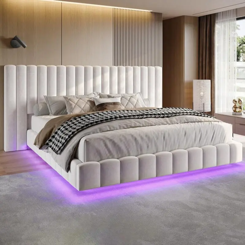 Modern Velvet Tufted Bed Frame with Oversized Headboard & Headboard Footboard, Queen/King Size, Color Changing RGB Lights, Sturdy Construction, No Box Spring Needed (Cream, Grey, Black)