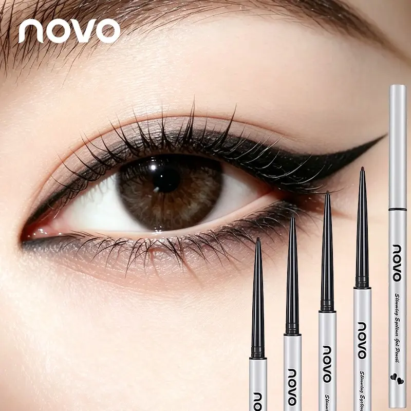NOVO Slim Gel Eyeliner Pencil Minimalist Silver White Tube Ultra Thin Rotatable Tip Smooth Pigmented Color Waterproof Smudge Proof Long Lasting Eye Liner For Precise Eye Makeup For Beginners