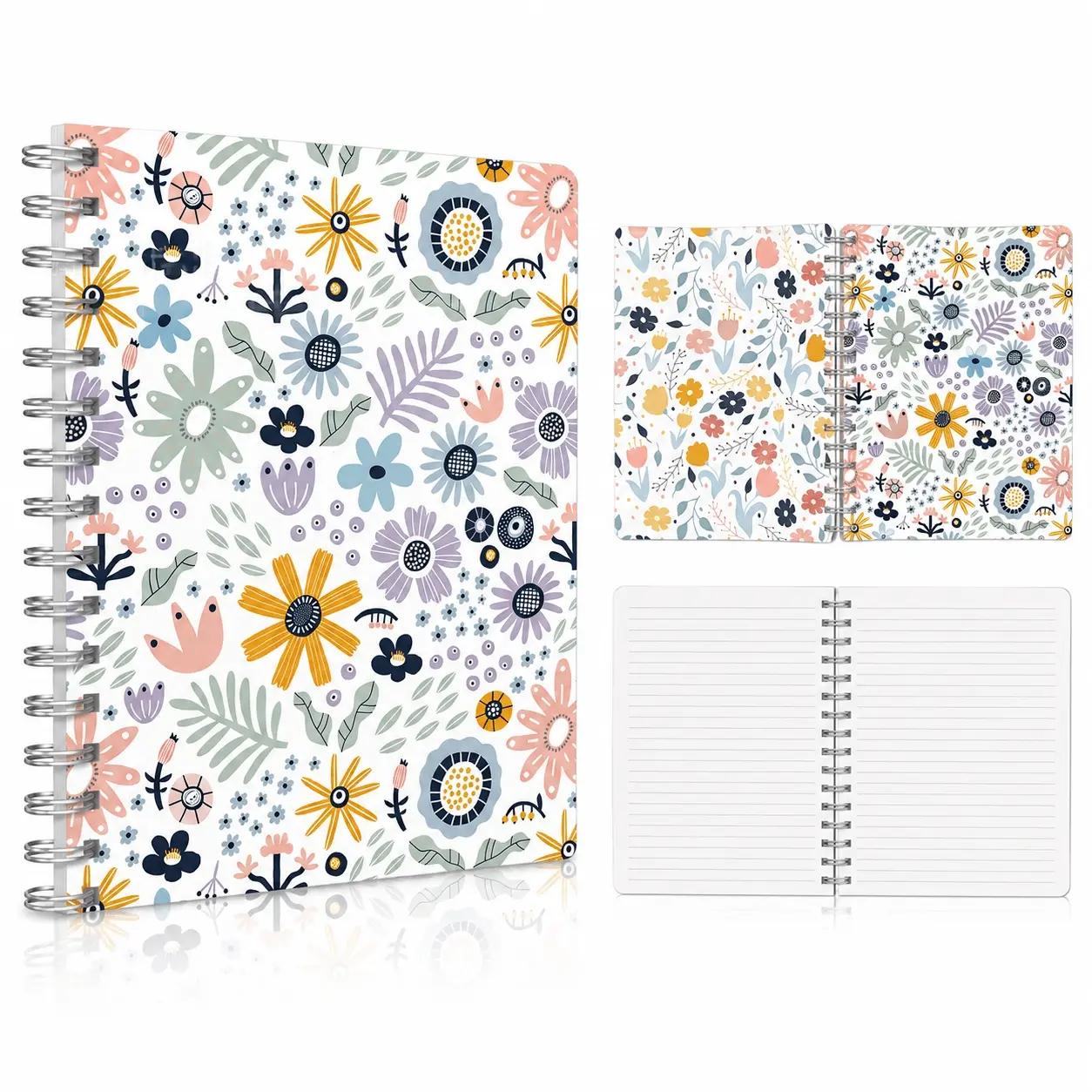 2PCS A5 Bohemian Pastel Hand-painted Floral Spiral Notebooks Back-to-school Supplies 20×16cm A5 Double-sided Patterns, Suitable for College Classes, Office Notes and Daily Inspiration Journaling