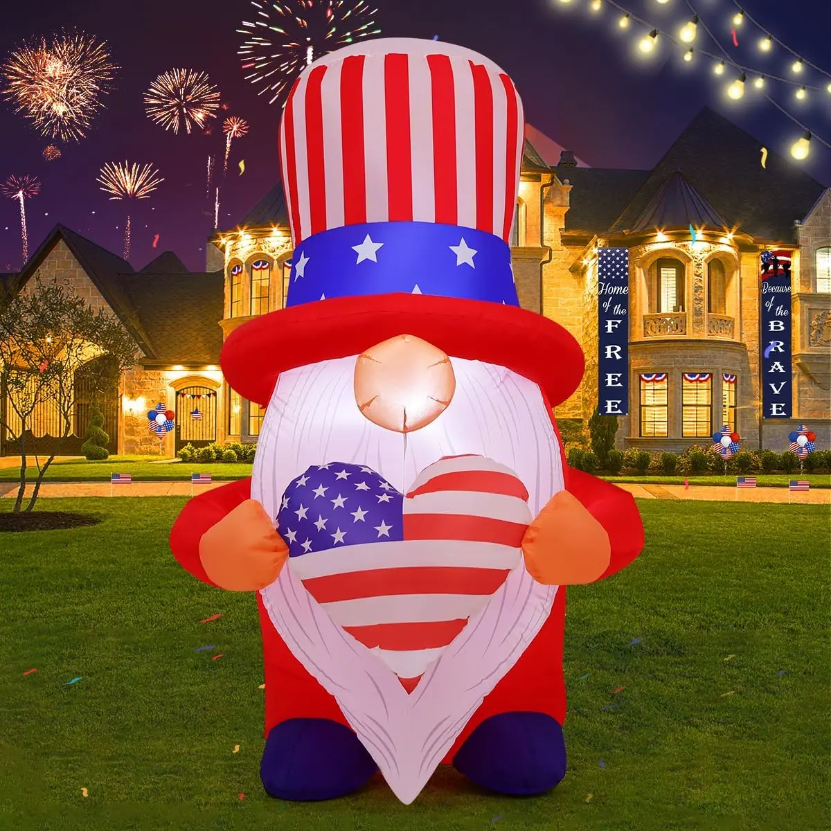 5 FT 4th of July Inflatables Outdoor Decorations, Patriotic Independence Day Blow Up Inflatables Gnome Decor with LED Lights for Holiday Celebration Party Yard Garden Lawn